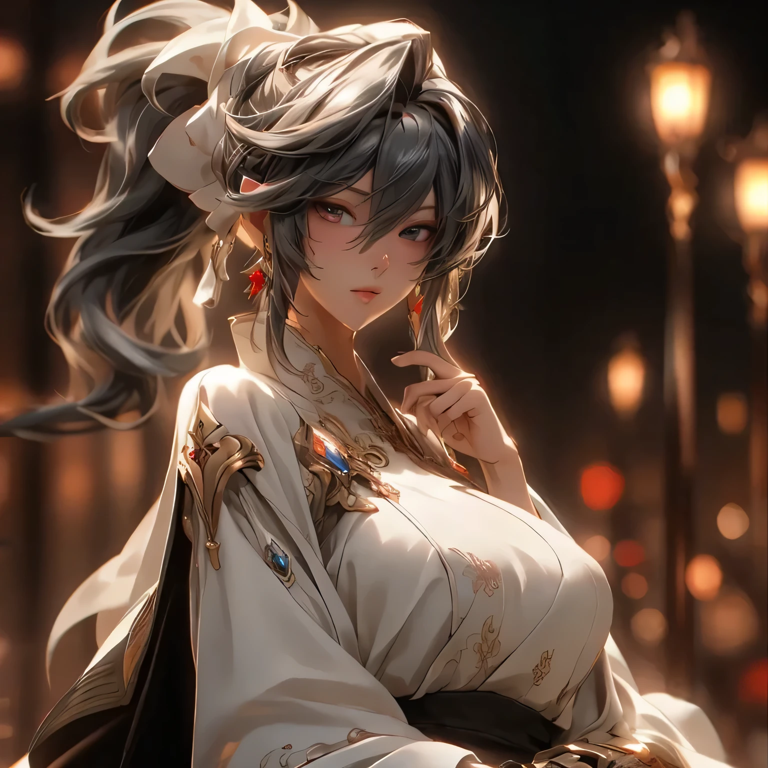 (best quality)), ((Masterpiece)), (details:1.4), 3d, HDR (high dynamic range), an image of a beautiful cyberpunk female, fantasy, Bloned hair, High ponytail, White eyes, จมูกโด่ง, ปากแดง, หน้าอกใหญ่, nvidia RTX, PBR surface, After processing, Anisotropic filtration,depth of field, Maximum clarity and clarity, multi-layered surface, Subsurface scattering, perfect proportions, 8K raw files, ultra detailed, Perfect proportions, volumetric lighting, soft lighting, Holy Paladin, Heavy Red Armor, glossy skin, chapel background, jewely, ต่างหู, นิ้วมือสมบูรณ์,