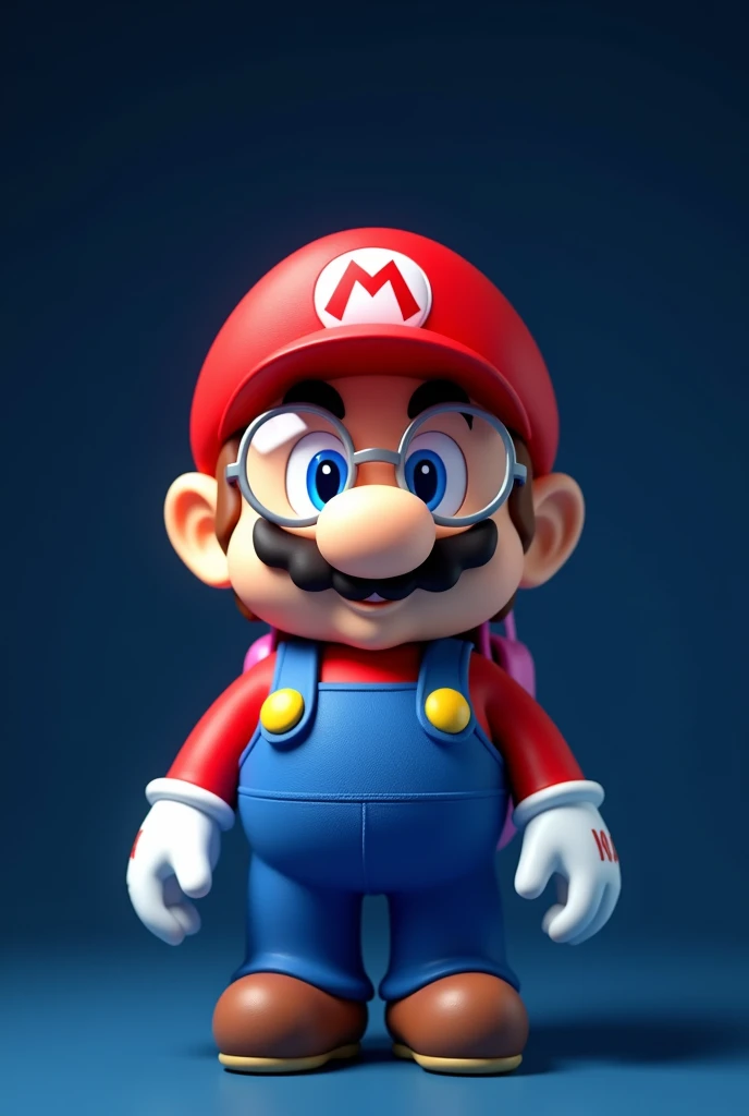 Mario bross baby from the front with transparent glasses with a backpack on a dark blue background behind