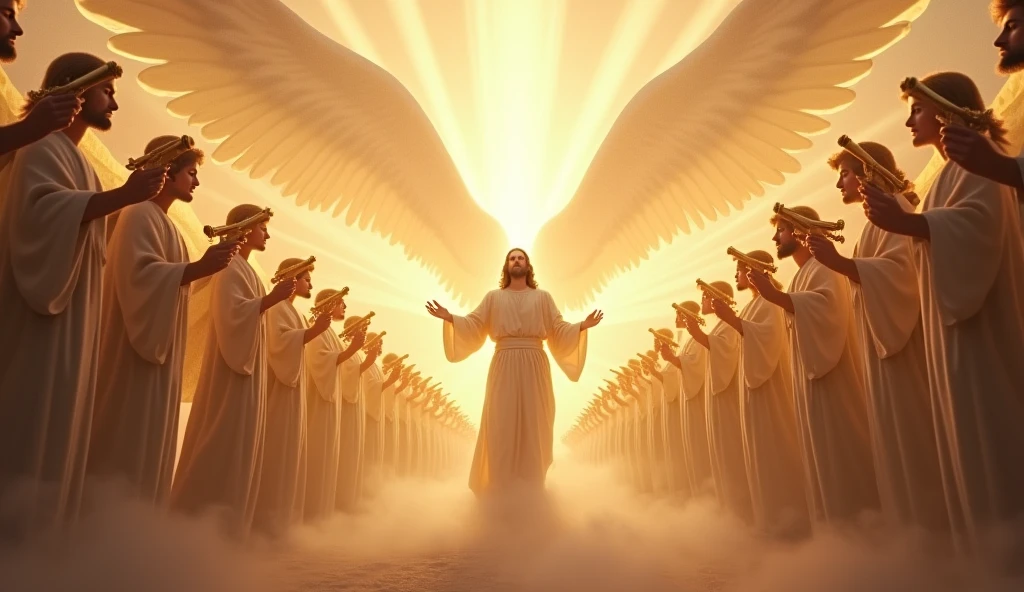 Jesus returning with thousands of angels playing trumpet