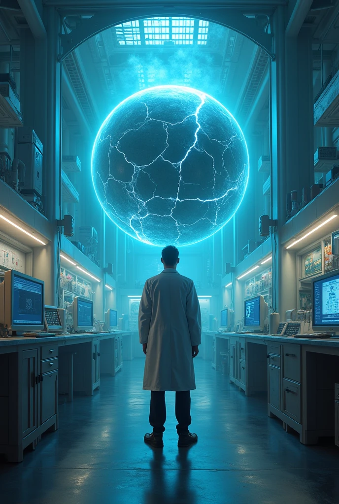 A scientist from behind in an experiment laboratory looking in amazement at a glass window where a cracked gray round ball is floating and emanating blue energy