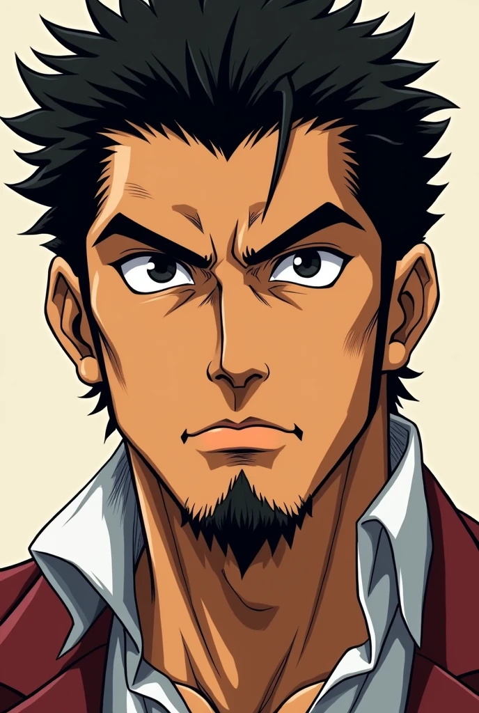 A man with warm brown skin, short black hair, thick eyebrows, almond-shaped dark eyes, a straight nose, full lips, and a neatly trimmed beard. He has a strong jawline and a serious, confident expression
Anime from jojo's bizarre adventure