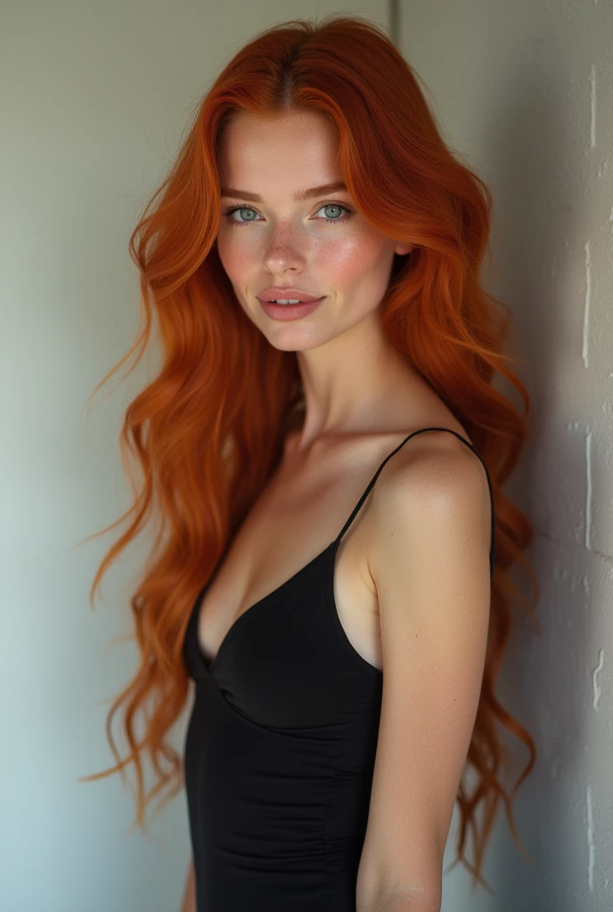 Zofia Nowacka stands confidently in a well-lit studio, her bright red hair cascading down her back like a fiery waterfall. Her porcelain skin glows under softbox lighting, highlighting the subtle blush on her cheeks. Her eyes, not described, seem to sparkle with an inner warmth as she poses, her defined arms and abdominal muscles visible beneath her fitted clothing. The camera frames her at a slight angle, emphasizing the curves of her inverted triangle figure. The subject's medium-sized lips curve into a gentle smile, inviting the viewer in.