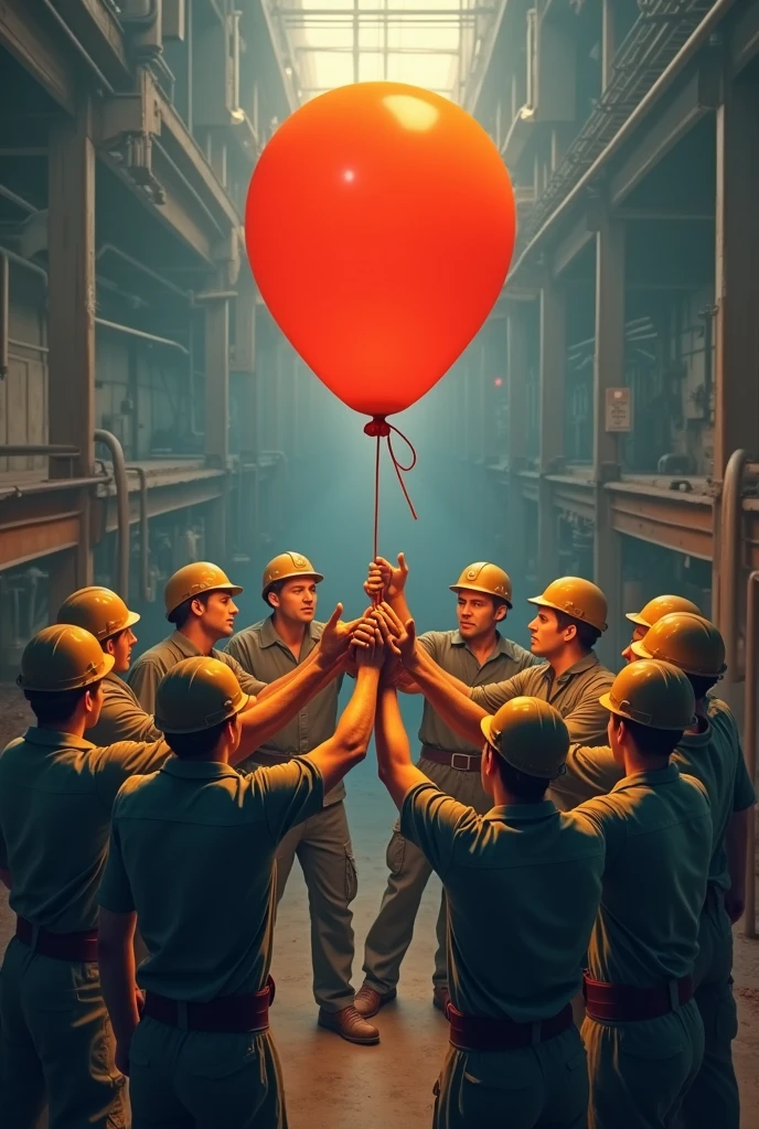Active pause with workers in a circle holding each other&#39;s arms and not letting the balloon fall