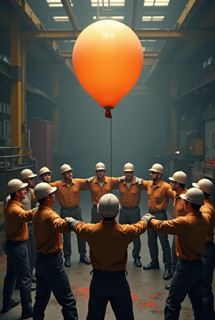 Active pause with workers in a circle holding each other's arms and not letting the balloon fall