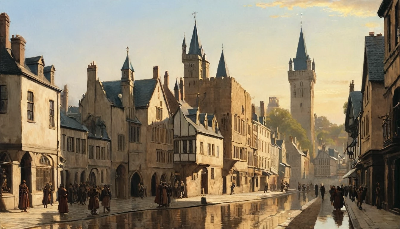 A view of a medieval city depicted in the style of Edmund Blair Leighton. The city is surrounded by stone walls, with tall, majestic towers and spires rising above the rooftops. The architecture features detailed stonework and narrow cobblestone streets winding through the city. The scene is bathed in warm, golden light, with a soft, pastel-colored sky in the background, reflecting the romantic and nostalgic atmosphere typical of Leighton's artwork. The city appears vibrant and alive, with people in medieval attire going about their daily activities, adding a lively, yet serene, ambiance to the setting., Surrealism, Hyperrealism, UHD, masterpiece, accurate, anatomically correct, award winning, 16k
