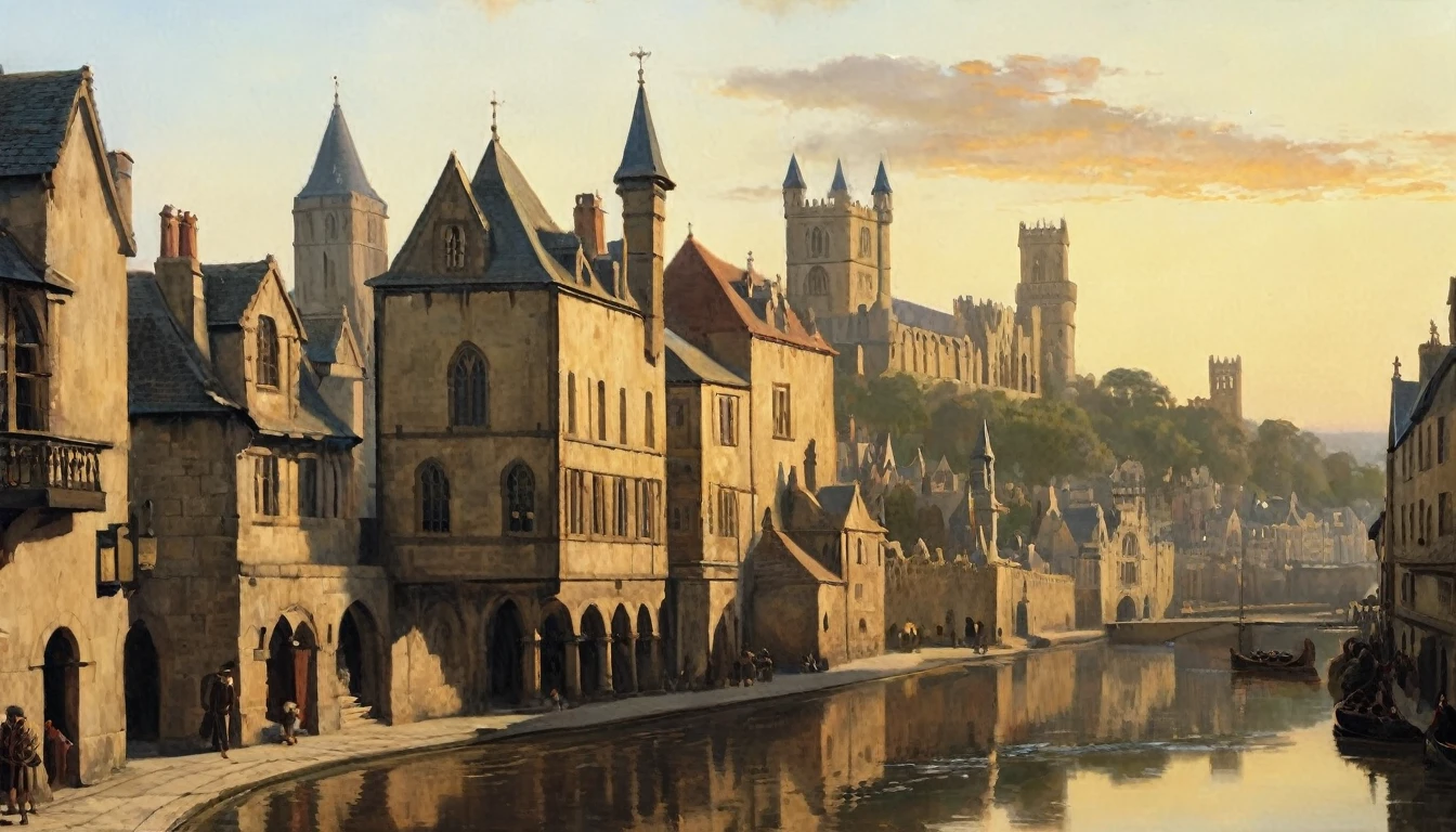 A view of a medieval city depicted in the style of Edmund Blair Leighton. The city is surrounded by stone walls, with tall, majestic towers and spires rising above the rooftops. The architecture features detailed stonework and narrow cobblestone streets winding through the city. The scene is bathed in warm, golden light, with a soft, pastel-colored sky in the background, reflecting the romantic and nostalgic atmosphere typical of Leighton's artwork. The city appears vibrant and alive, with people in medieval attire going about their daily activities, adding a lively, yet serene, ambiance to the setting., Surrealism, Hyperrealism, UHD, masterpiece, accurate, anatomically correct, award winning, 16k