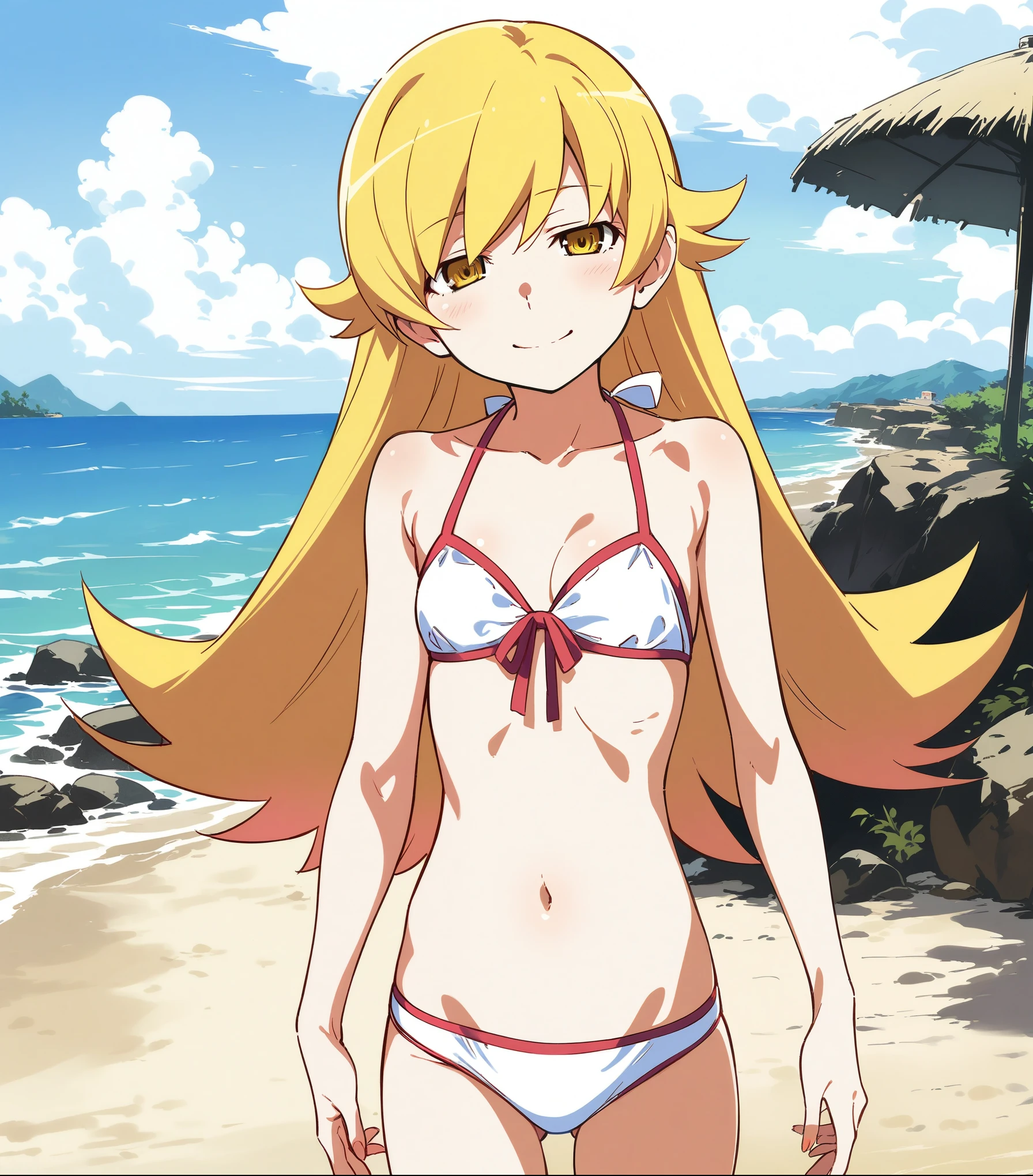 1girl, oshino shinobu, monogatari \(series\), solo, small breasts, blonde hair, blonde eyes, (cleavage), swimwear, bikini, smile, sea, (half closed eyes:0.9), (from below:0.6), (wide shot, nostalgic:1.2), concept art, (perfect detailed anatomy, beautiful face&eyes, beautiful skin, perfect body), (half closed eyes, empty eyes:0.6), (short torso, proportional body:1.3), beautiful face, (perfect anatomy, thigh:1.3), (highres), photo background, outdoor
