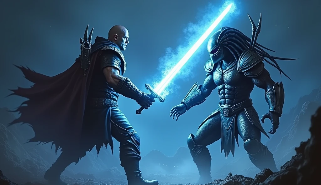 Arthas has a sword that has a blue light around it which he stabs Predator with.