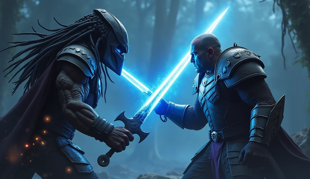 Arthas has a sword that has a blue light around it which he stabs Predator with.