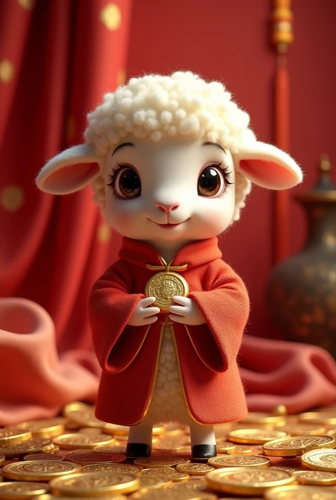 Anthropomorphic Lamb，Little cute little lamb，Wearing elegant red Hanfu，Take the gold ingot，The ground is covered with gold coins，silk，Fluffy mane，big eyes，Red Wall，Chinese Culture，ZBrush，Dramatic Lighting，Full body portrait，realism，Fine details，Photorealism，Film lighting，Intricate details，Octane Rendering，Unreal Engine，8K——ar9：16 --testp --upbeta