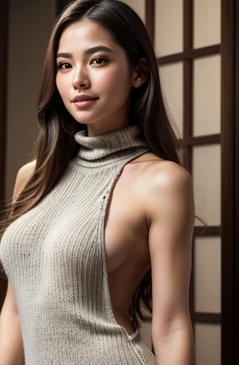 (Highest quality、4K、8k、High resolution、masterpiece:1.2)、Very detailed、(Genuine、Realistic、Realistic:1.3)、japanese women、smile、Large Breasts、backless High neck sleeveless knit dress、side boob、virgin killer sweater