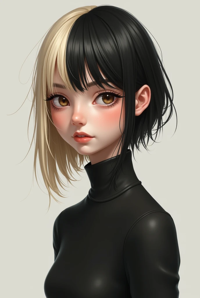 1 girl, half natural blonde with long hair and half black hair with very short hair with brown eyes that looks full-length and thin