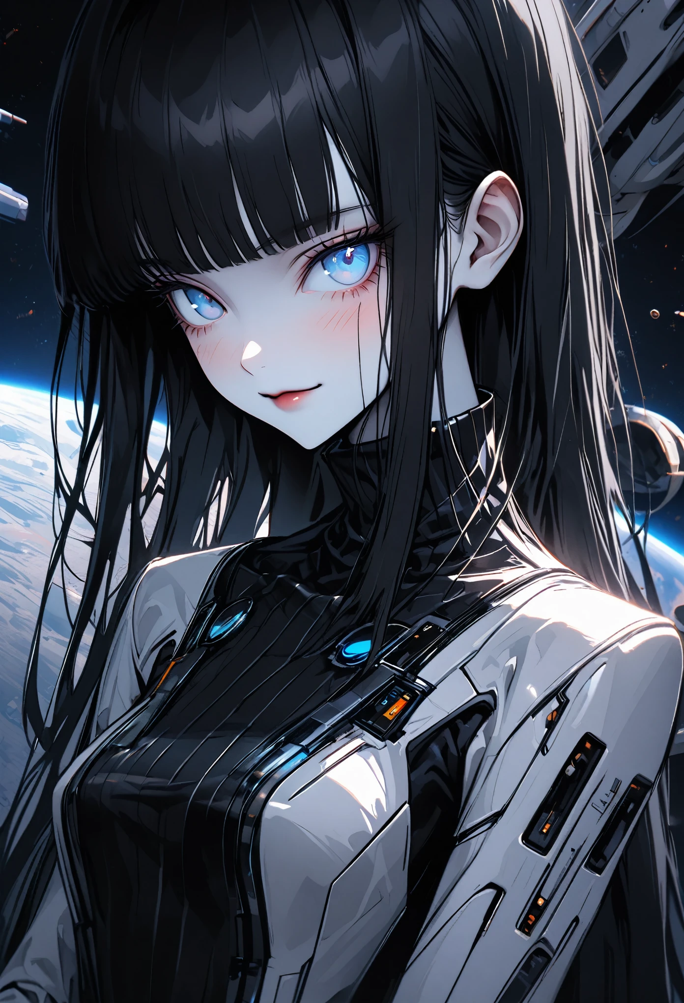 solo, female, long straight black hair, straight bangs, hime cut, light blue eyes, slender, thin, very tall, black turtleneck, elegant space clothes, pale white skin, stylish clothes, medium breasts, window, space laboratory on the moon, close up, dandere, futuristic, augmentations:0.1, small smile, faint blush, steepled fingers, jacket