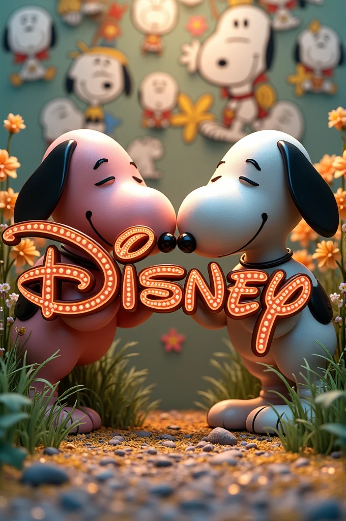 Create a detailed full HD 3D image with exclusive Disney letters that say " " background with snoopy faces