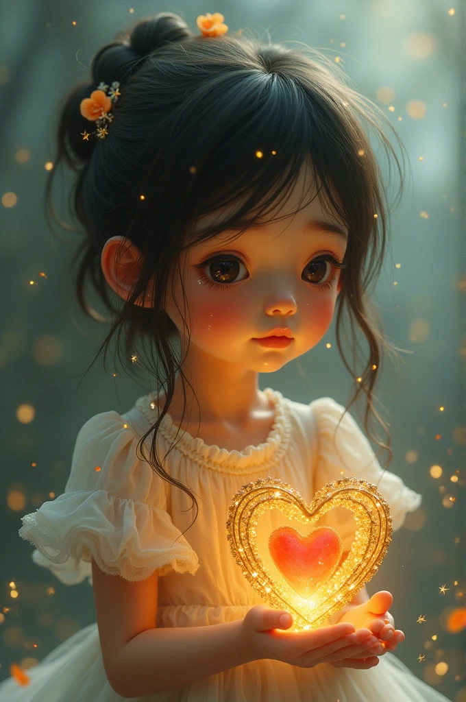 A cute girl crying, one heart in a golden cage