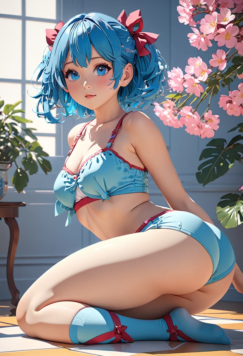 4k, 8k, raytracing, shaded, extreme detail quadruped, detail, detailed, extreme detail, 8k, anime, crisp, sharp, high quality, shadows, raytracing, volumetric light, bloom by nurinaki, (solo), girly, feminine body, butt, thighs, masterpiece, best quality, beautiful eyes, looking at the viewer, stockings, plump thighs, blue hair, hands grabbing thighs, fit body, skinny, sexual pose, blush, photoshoot, slim figure,