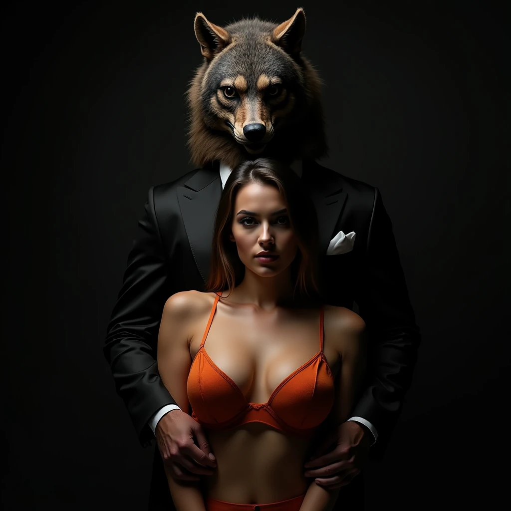 a man in a black suit wearing a wolf mask, embracing a woman with large breasts wearing orange lingerie, the woman facing the camera, in a photography studio, detailed portrait, highly detailed, 8k, photorealistic, dramatic lighting, cinematic, dark and moody atmosphere, dramatic shadows, chiaroscuro, glamorous, seductive, erotic, sensual, mysterious, (best quality,4k,8k,highres,masterpiece:1.2),ultra-detailed,(realistic,photorealistic,photo-realistic:1.37)
