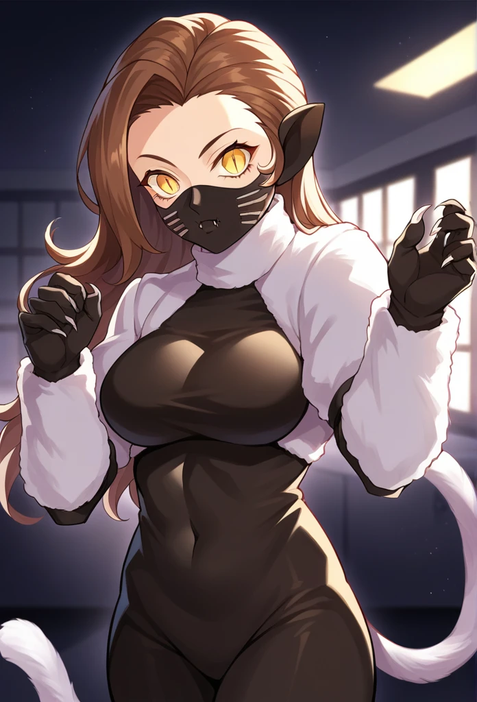 score_9, score_8_up, score_7_up, source_anime BREAK 1girl, solo,
 nekomatasmt, brown hair, long hair, yellow eyes, slit eyes, cat tail, animal ears, claws, face mask, bodysuit, bolero, 
cowboy shot, night club, indoors, dark, dynamic pose, 