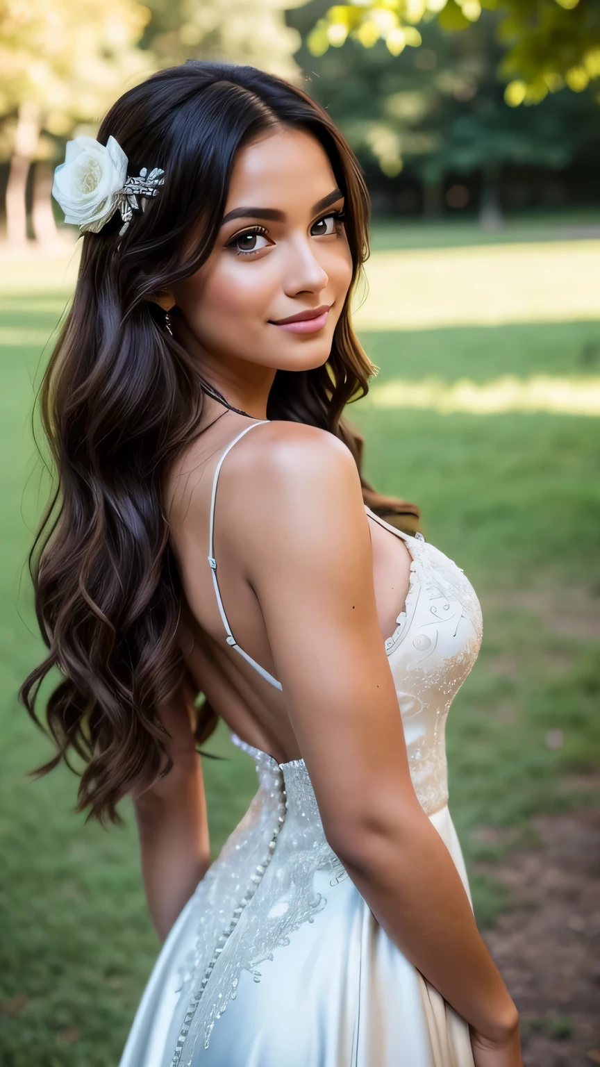 Realistic full body photo of a smiling brunette with long hair, She dances in front of the camera in a long A-line dress with straps made of shiny burgundy satin., Park,glamour fotoshooting, Wedding celebration, perfect anatomy, perfect brown eyes. Perfect hands with 5 fingers on each hand, Matching girl, looking at the camera, 1 Frau. (Eye make up:1.1), (highly detailed skin:1.1), spirit, analog style, keen focus, 8K UHD, dslr, good quality, Fujifilm XT3, Grain, Award-winning, masterpiece. Wedding celebration. She stands in the park and looks over her shoulder towards the camera. Back