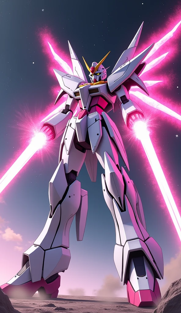 anime, Giant Robot, A white and pink female super robot fighting with lasers coming out of its palms Simple Background,universe,