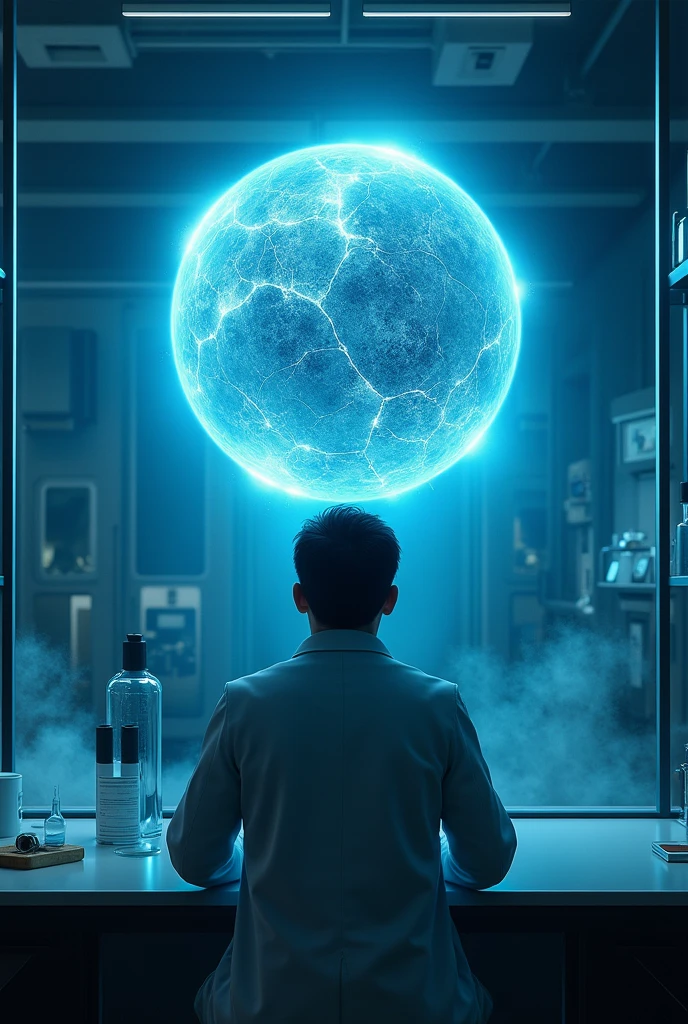 A scientist from behind in a laboratory looking in amazement at a glass window where a cracked gray round ball is floating and emanating blue energy