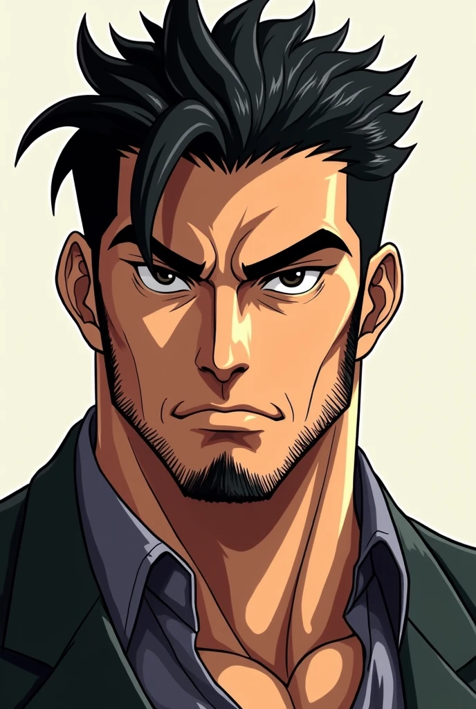 A man with warm brown skin, short black hair, thick eyebrows, almond-shaped dark eyes, a straight nose, full lips, and a neatly trimmed beard. He has a strong jawline and a serious, confident expression
Anime from jojo's bizarre adventure