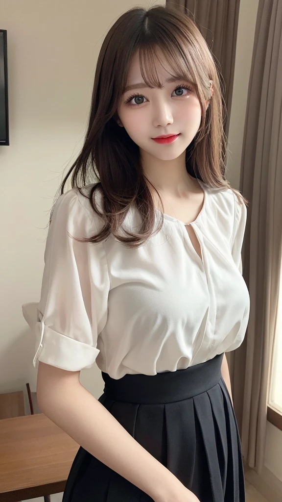 table top, highest quality, shape, Super detailed, finely, High resolution, 8k wallpaper, Perfect dynamic composition, beautiful and detailed eyes, Gcup breasts, Natural color lip, Random sexy pose,smile,20 year old girl、Beautiful and dense face、perfect and beautiful face,Big eyes、real photos(best image quality),cute face、cute、blouse(black)、pleated skirt、Blurred tower apartment living room background、sexy pose