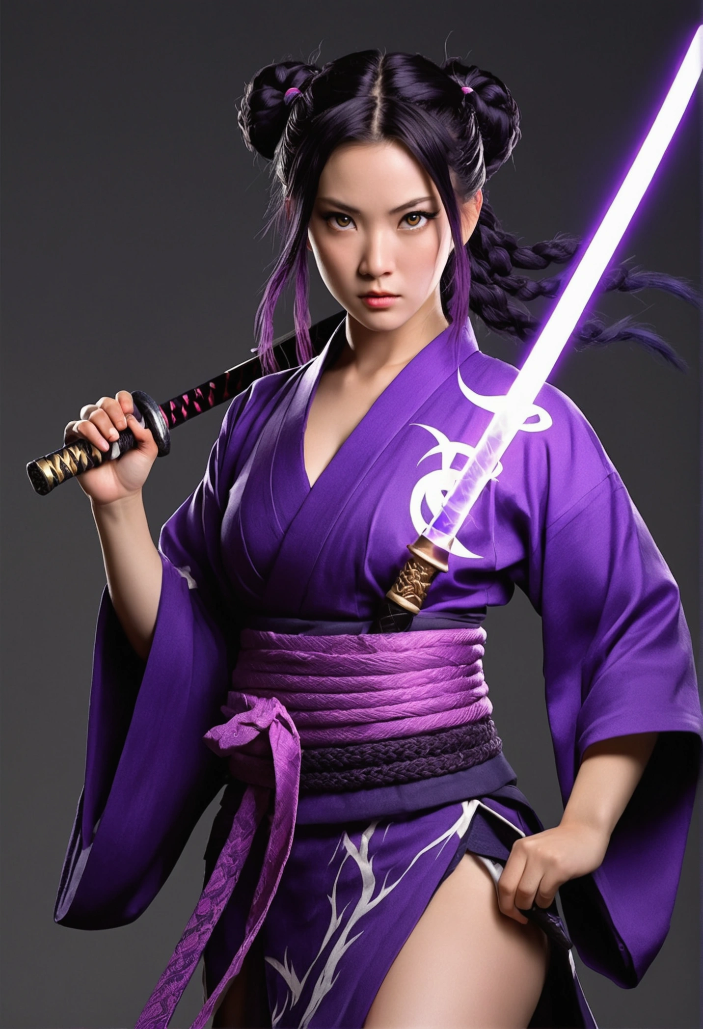 Realistic picture,Beautiful, cute, sexy, big-breasted girl,Purple eyes with lightning bolt icon symbol,dark purple hair,My hair is braided to my waist with bright purple ends.,Purple kimono with beautiful bust and short skirt,She is a sexy warrior girl.,Holding a katana sword,Has a slight lightning power.,Shogun's Palace