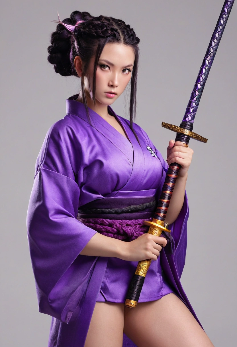 Realistic picture,Beautiful, cute, sexy, big-breasted girl,Purple eyes with lightning bolt icon symbol,dark purple hair,My hair is braided to my waist with bright purple ends.,Purple kimono with beautiful bust and short skirt,She is a sexy warrior girl.,Holding a katana sword,Has a slight lightning power.,Shogun's Palace