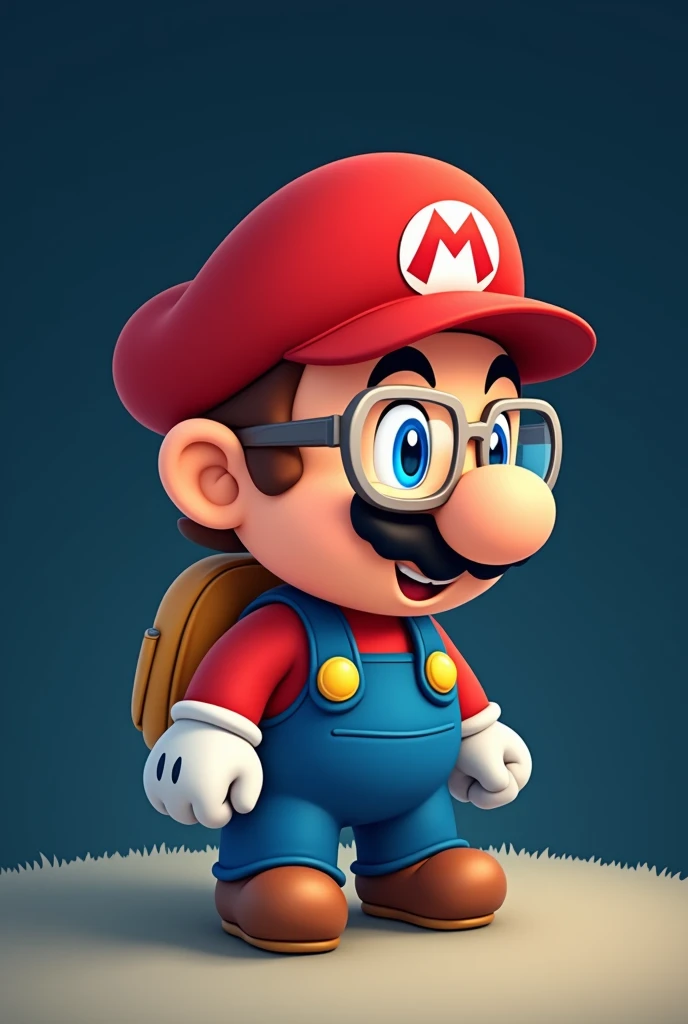 Mario baby bross, with clear glasses and a backpack on a dark blue background behind