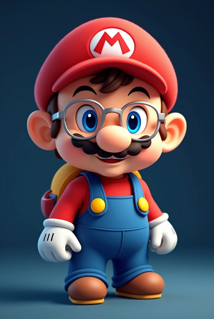 Mario baby bross, with clear glasses and a backpack on a dark blue background behind