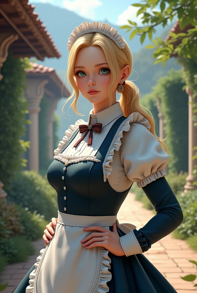 ((masterpiece)), ((best quality)), ((highres)), ((detailed background)), ((extremely detailed CG unity 8k wallpaper)), solo, shiona, blonde hair, long hair, blue eyes, hair tuft, cowboy shot, outdoors, ((maid outfit))