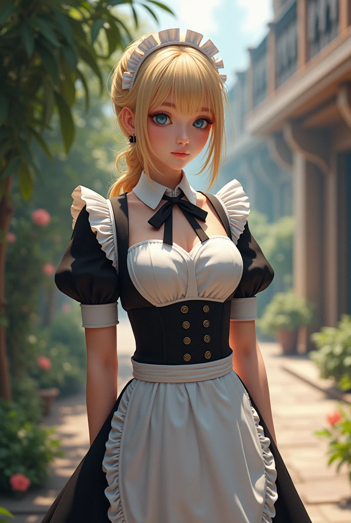 ((masterpiece)), ((best quality)), ((highres)), ((detailed background)), ((extremely detailed CG unity 8k wallpaper)), solo, shiona, blonde hair, long hair, blue eyes, hair tuft, cowboy shot, outdoors, ((maid outfit))