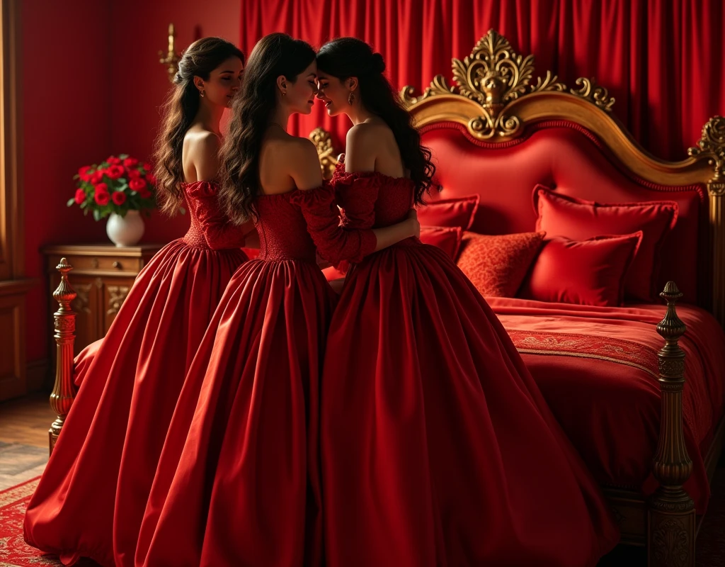 highest quality, masterpiece, highest resolution, artwork, super それにget used to it, many get used to it, get used to it, それにget used to it,love,romantic,four woman,four woman kissing and facing each of their partners,((red satin elegant luxurious dresses)),red satin evening dresses,((Gorgeous queen rococo robe satin dress with voluminous full-length hoop skirt)),long sleeve,long dress,A dress with full silk fabric...,luxury,((Palace full red satin bedroom)),((huge satin bed)),Frilled silk red bedspread,many pillows on the bed,satin pillow with frills,four woman is kissing in front of the bed in wide view luxurious bedroom,luxurious ruffled red curtains