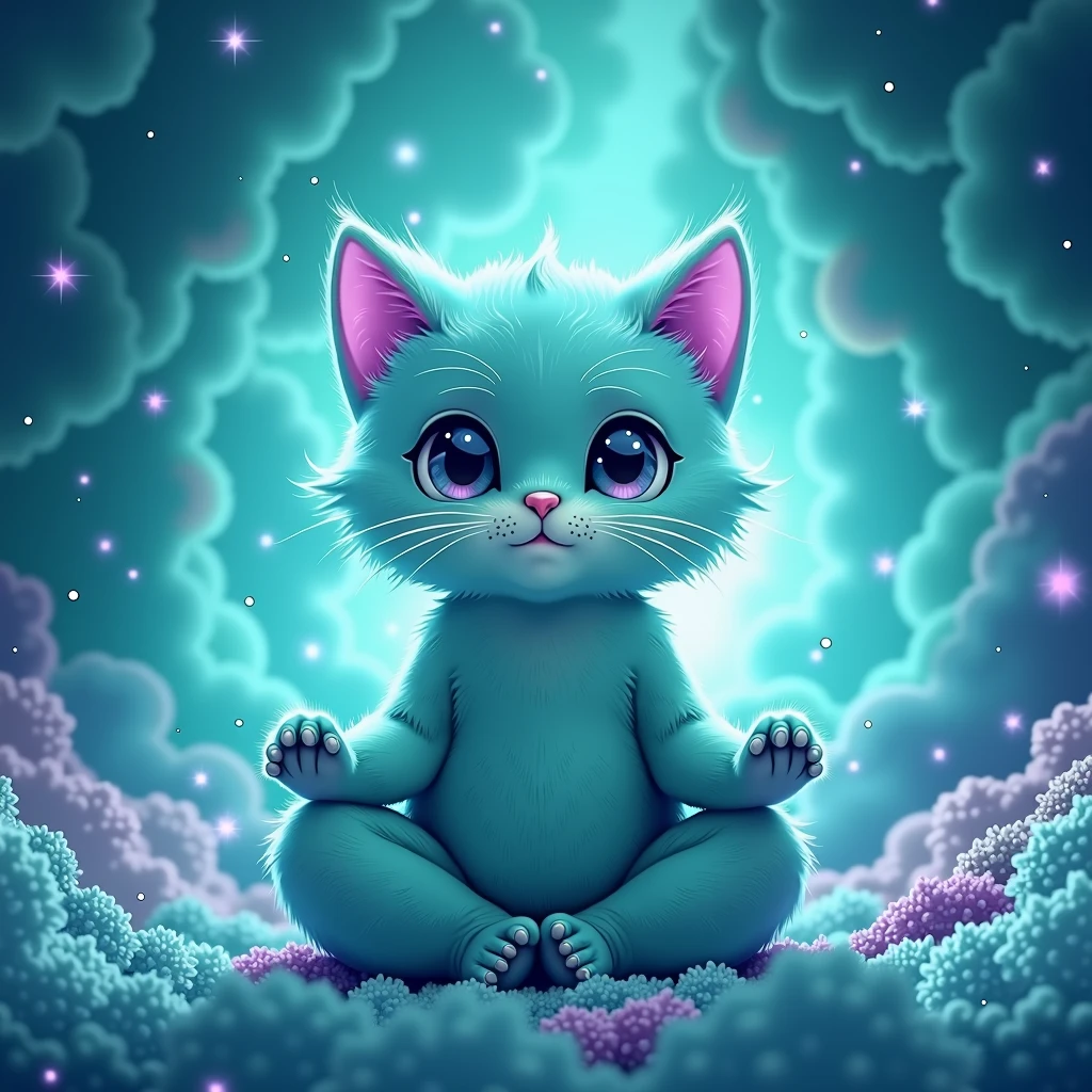 High quality super cute turquoise cat turquoise space background with purple, meditating cat em posição de lotus, meditating cat