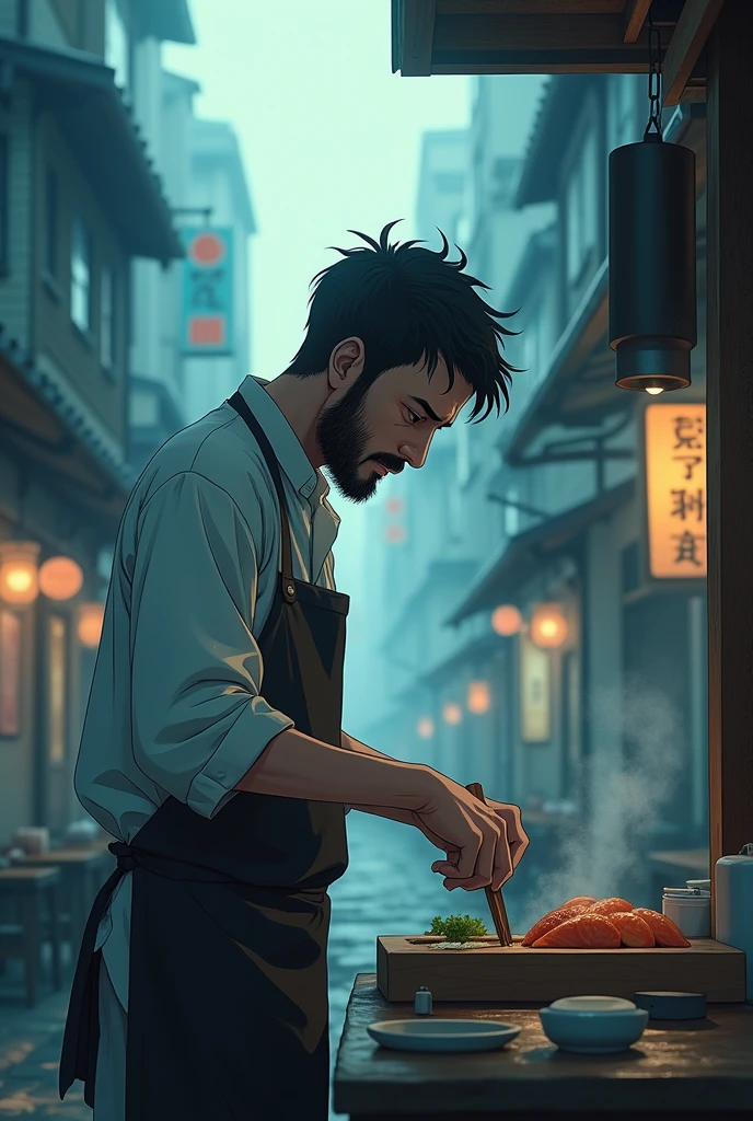 Anime about a dark-haired sushi chef with a beard and short hair, tired of life and work, discovers magic