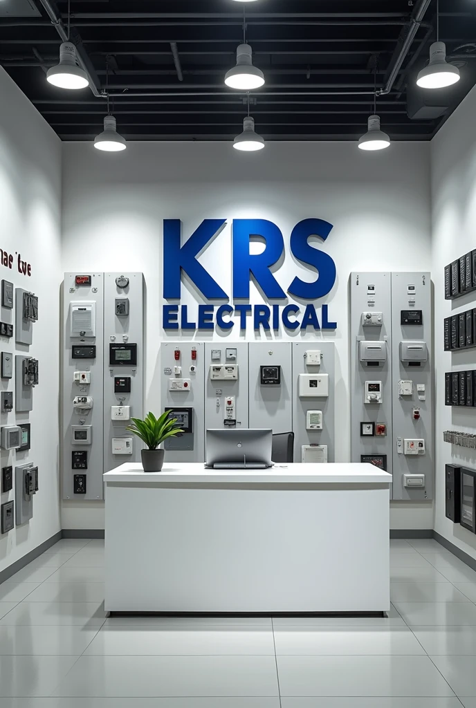 Decent office interior design with the logo of KRS Electrical  On the wall and on other wall lots of switch board sample installed and lightning sample on ceiling