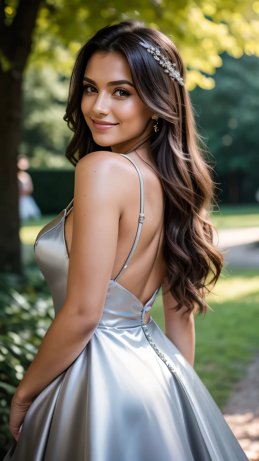 Realistic full body photo of a smiling brunette with long hair, She dances in front of the camera in a long A-line dress with straps made of shiny gray satin., Park,glamour fotoshooting, Wedding celebration, perfect anatomy, perfect brown eyes. Perfect hands with 5 fingers on each hand, Matching girl, looking at the camera, 1 Frau. (Eye make up:1.1), (highly detailed skin:1.1), spirit, analog style, keen focus, 8K  UHD, dslr, good quality, Fujifilm XT3, Grain, Award-winning, ​masterpiece. Wedding celebration. She stands in the park and looks over her shoulder towards the camera. Back