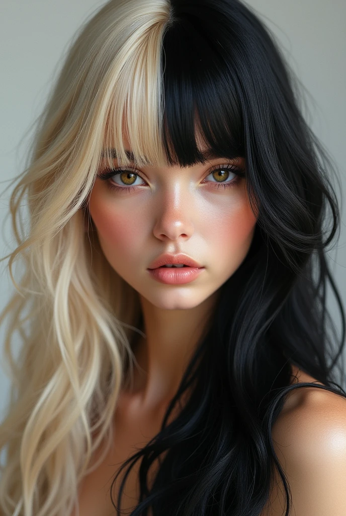 1 girl, half natural blonde with long hair and half black hair with very short hair with brown eyes that can be seen from head to toe 
