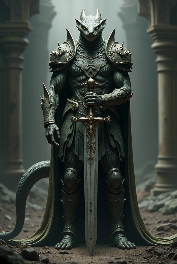 Snake man wearing armor holding big sword paladin oathbreaker yellow eyes
