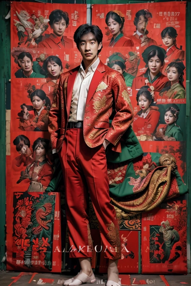 magazing cover ,korean man wearing red suit with lot of royal patterns ,((full body)),oversize classic pants , green tie ,design inspired by chinese dragon tale,, rings , , Poster ad , special pose ,photoshotting , magazing poster , lots of texts , ad