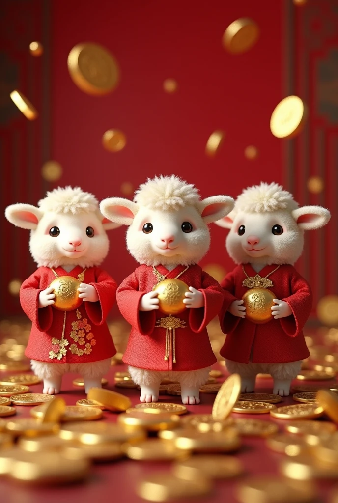 Anthropomorphic Lamb,Little cute little lamb,Several lambs,Wearing elegant red Hanfu,Take the gold ingot,The ground is covered with gold coins,silk,Fluffy mane,big eyes,Red Wall,Chinese Culture,ZBrush,Dramatic Lighting,Full body portrait,realism,Fine details,Photorealism,Film lighting,Intricate details,Octane Rendering,Unreal Engine,8K——ar9:16 --testp --upbeta