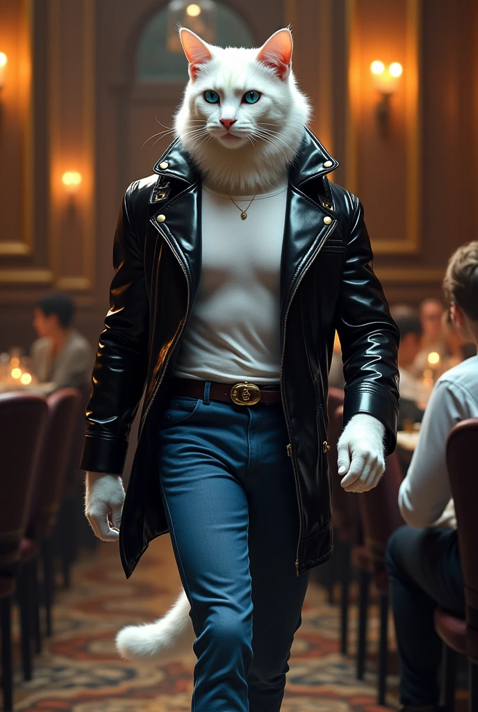  white-furred muscular cat with striking blue eyes is dressed in a stylish black shiny jacket, white t-shirt, and blue jeans. The cat enters a luxurious restaurant. Inside, everyone turns to look at him, admiring his stylish outfit— a shiny black jacket and jeans. With confidence, he sits at a table and places an order with the waiter.