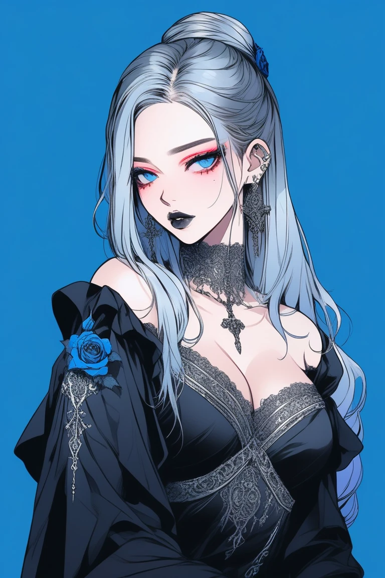Illustrator, anime , Realistic ,sketch , 1 person, model, 5, lip, Sexy revealing black and silver sheer priest dress, order, Blue gradient background, Neon Hair, Big Breaeavage is visibleack, Upper body holding a black rose in hand, Sexy look, Texture Trim, Rua, (masterpiece,Highest quality)