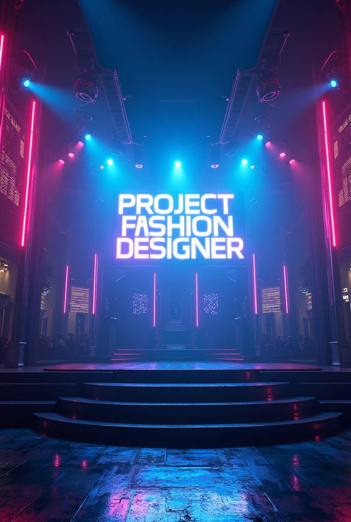 Backgrond fashion color night party stage view with a screen with the words “Project Fashion Designer” in text 3D authentic galaxy. The stage has a modern, luxurious, trendy feel, grand and splendid showing a vibrant party .There are lights and flash color night