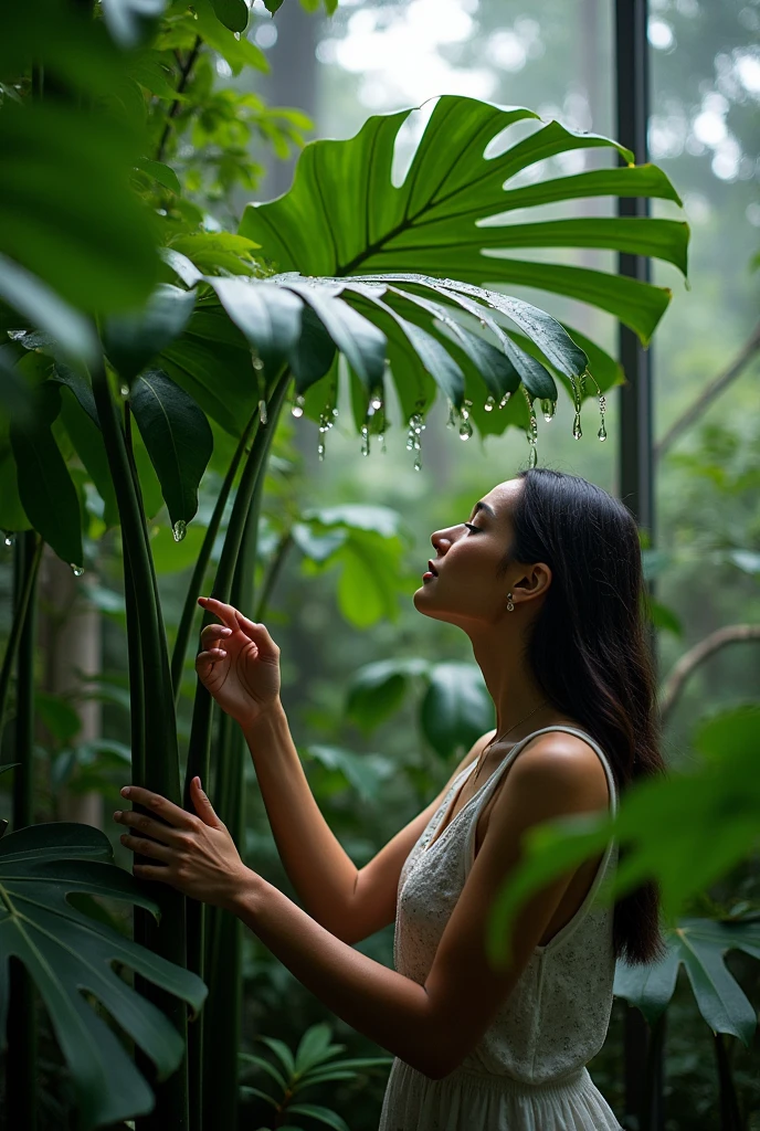 A dripping Monstera and a woman touching it 