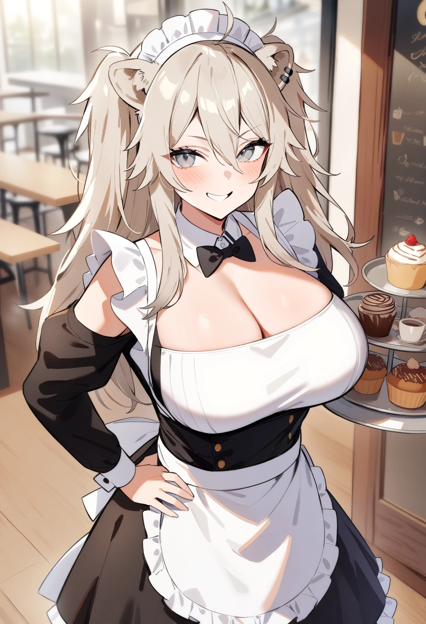 masterpiece, best quality, very aesthetic, absurdres, 1girl, shishiro botan, hololive, looking at viewer, upper body, two side up, messy hair, eyebrows, grey eyes, lion ears, large breasts, alternate costume, maid, headdress, apron, detached collar, Standing with hands on hips while holding a tray, smile, cafe