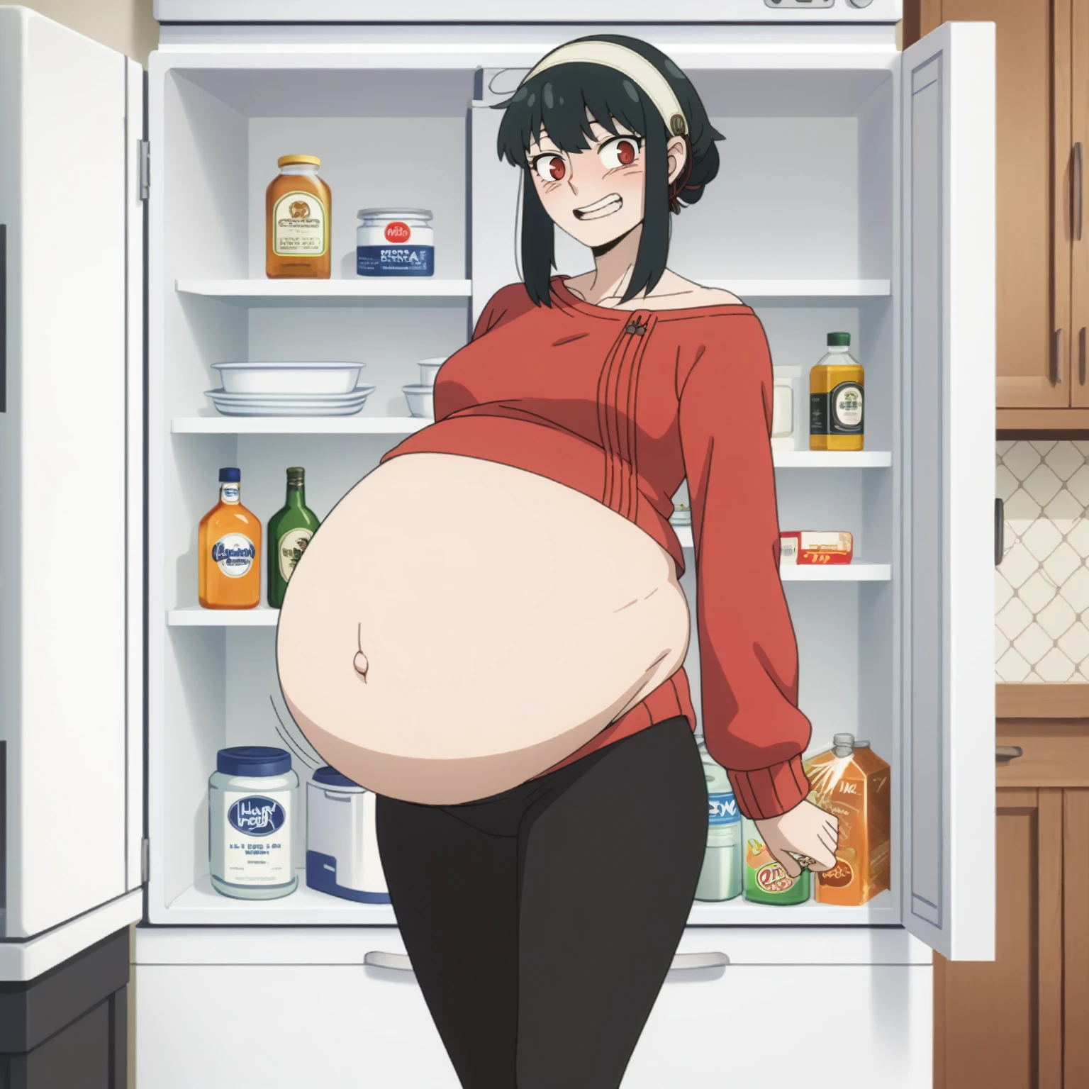 I look at the viewer, One, yorforger,1 girl, ((medium breast)), ((belly stuffed)), ((huge belly)), ((Very drunk)), ((staggers)), black hair, Red eyes, short hair with long strands, white hair band, from the shoulder, ((red sweater)), black tights, ((drank too much)), ((exhausted)), ((excited)), ((in front of the refrigerator)), ((Outdoor refrigerator)), ((lean on the fridge)),