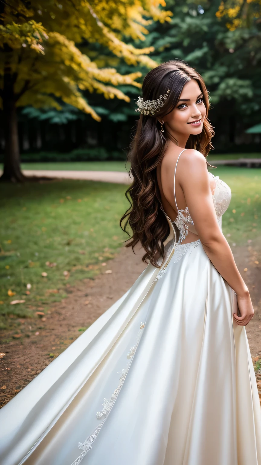 Realistic full body photo of a smiling brunette with long hair, She dances in front of the camera in a long A-line dress with straps made of shiny burgundy satin., Park,glamour fotoshooting, Wedding celebration, perfect anatomy, perfect brown eyes. Perfect hands with 5 fingers on each hand, Matching girl, looking at the camera, 1 Frau. (Eye make up:1.1), (highly detailed skin:1.1), spirit, analog style, keen focus, 8K UHD, dslr, good quality, Fujifilm XT3, Grain, Award-winning, masterpiece. Wedding celebration. She stands in the park and looks over her shoulder towards the camera. Back