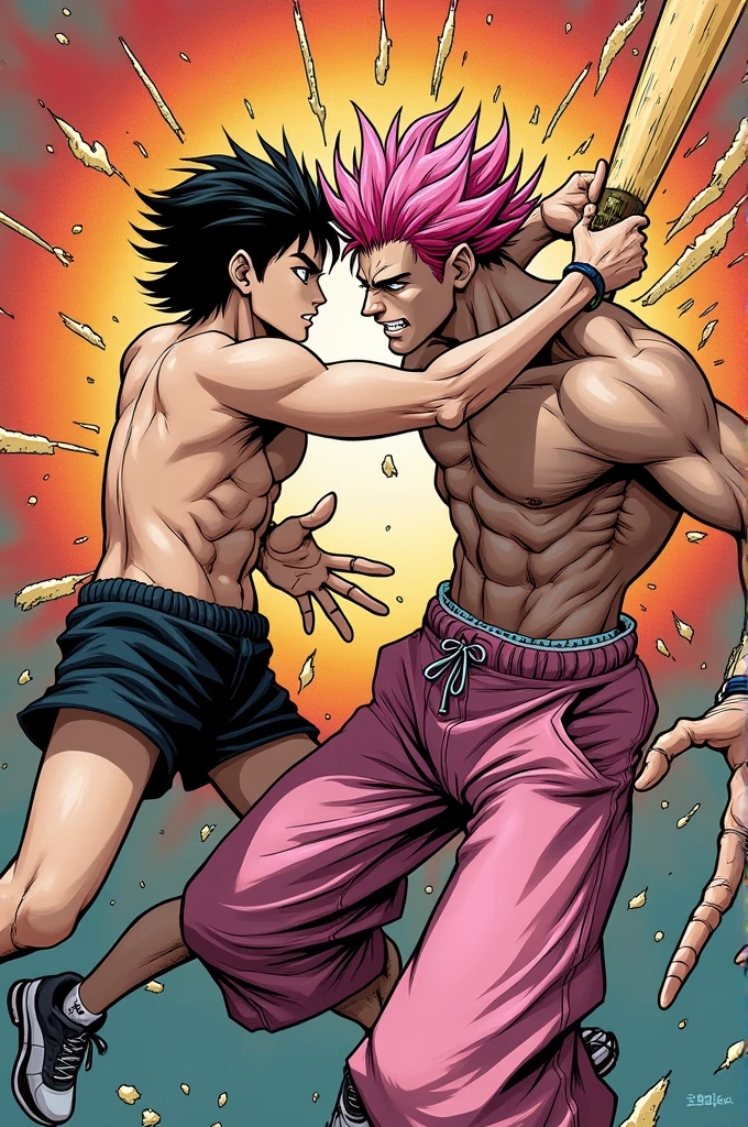 fight between boy with short pink hair without shirt in pink pants, against short black hair shirtless black shorts tennis, manga version of jojo dio vs jotaro